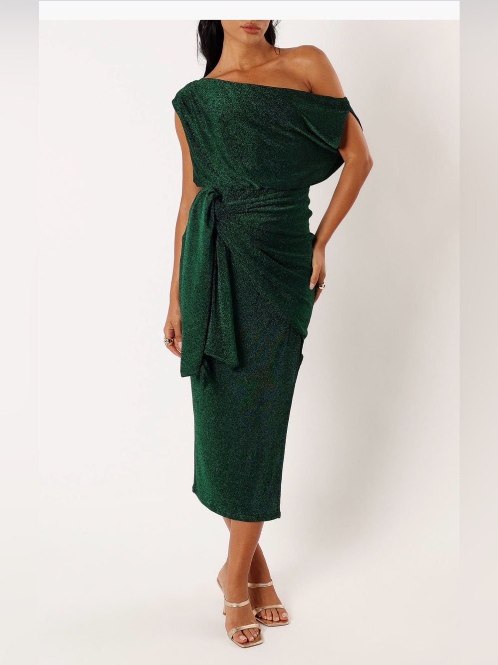 Emerald One-Shoulder Midi Dress with Side Tie